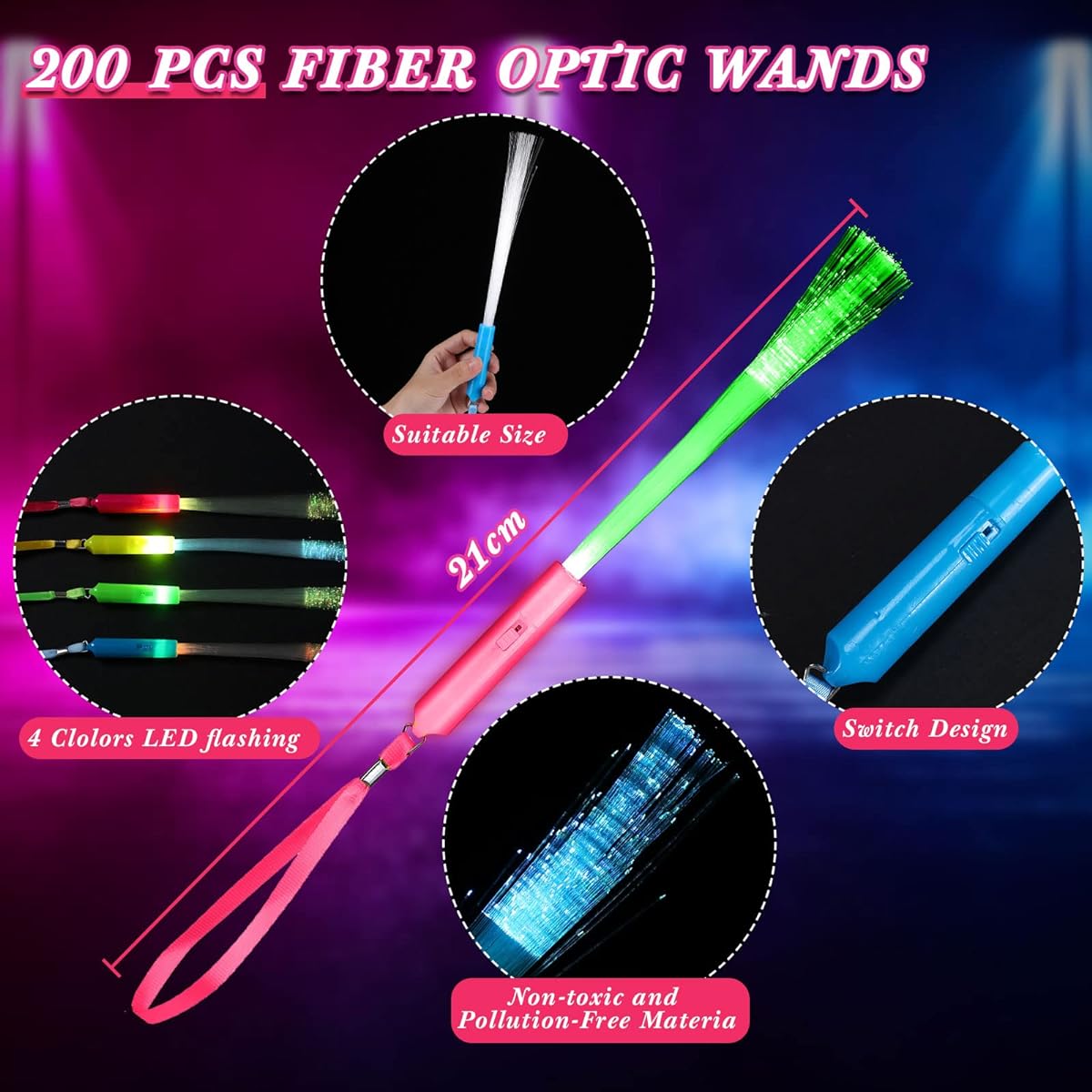 Junkin 200pcs LED Fiber Optic Wands Bulk Glow in the Dark Wands Colorful Light Up Wands Flashing Sticks for Party Favors Birthday Wedding