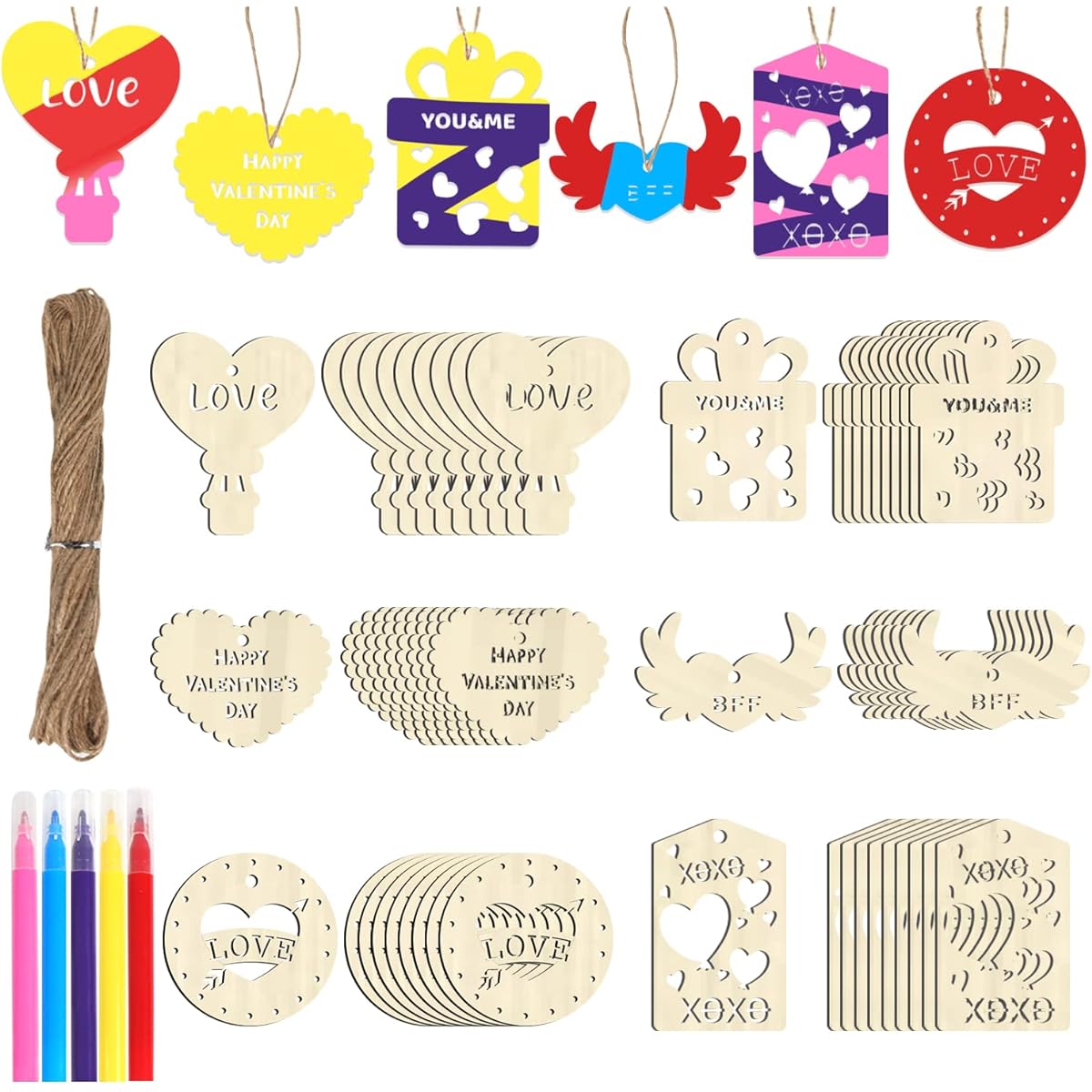 CCINEE 60pcs Valentine's Day Wooden Slices Set Assorted Wooden Cutouts with 5 Markers and Natural Twine Unfinished Heart Ornaments Kids Party Supplies School Gift Exchange