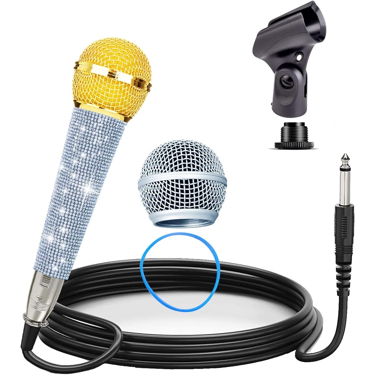 Rhymkawa Silver Wired Microphone with 3.5M XLR Cable Clip Holder Nut Adapter 5/8" to 3/8" for Podcast Singing Karaoke System Silver Cardioid Dynamic Vocal Mic Rhinestone Handle Metal Body (Silver)