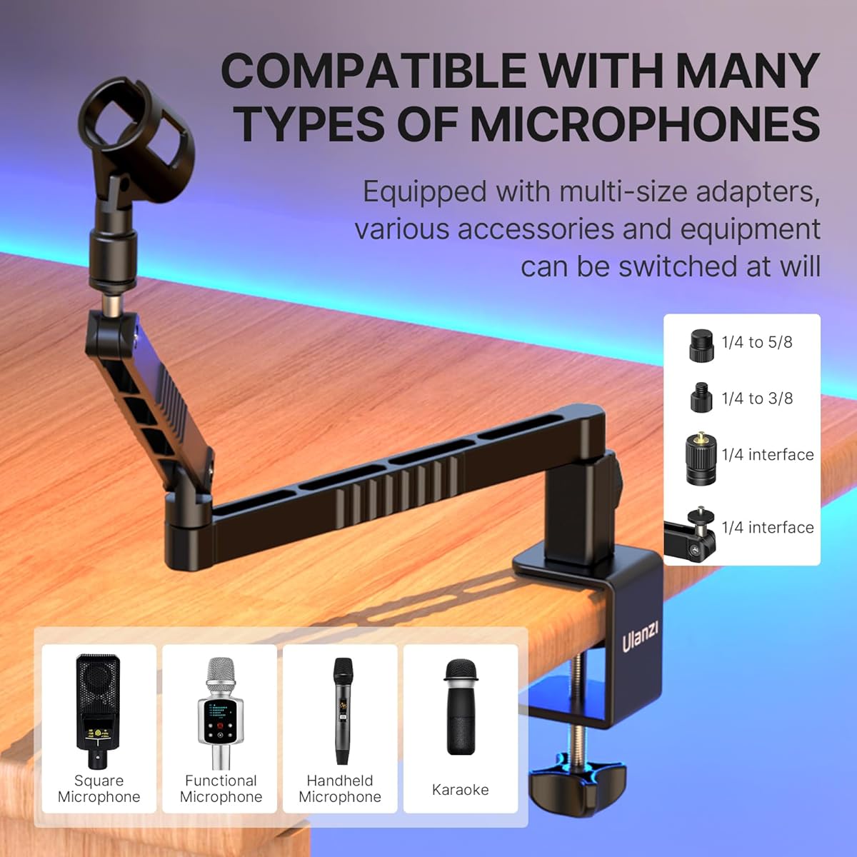 Upgrade ULANZI LS26 Thin Microphone Arm Aluminum 360° Rotatable Foldable Microphone Low Arm Desk Mount for Podcast/Streaming/Game/Radio Studio with Mic Clip 1/4" 3/8" 5/8" Thread Compatible with Most Microphones