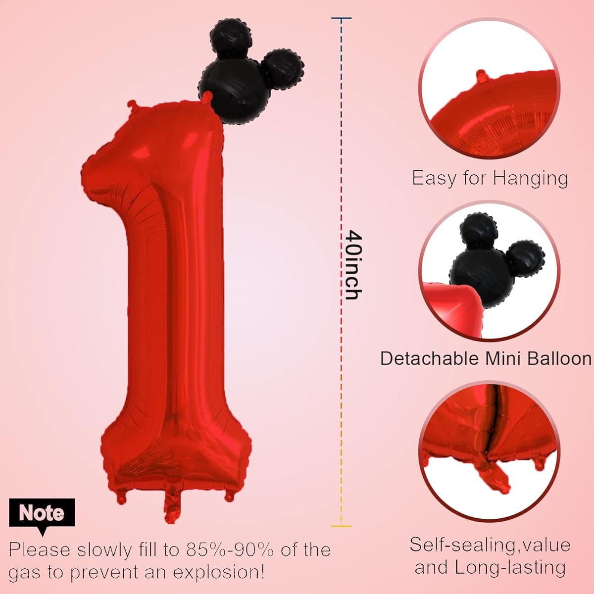 40inch Red Number 1 Balloon & Mini Mouse Head Balloon, 1st Birthday Party Decorations Balloons, Cartoon Mouse Birthday Party Supplies Baby Shower Decorations, Red Black Theme Party Decorations Supplies