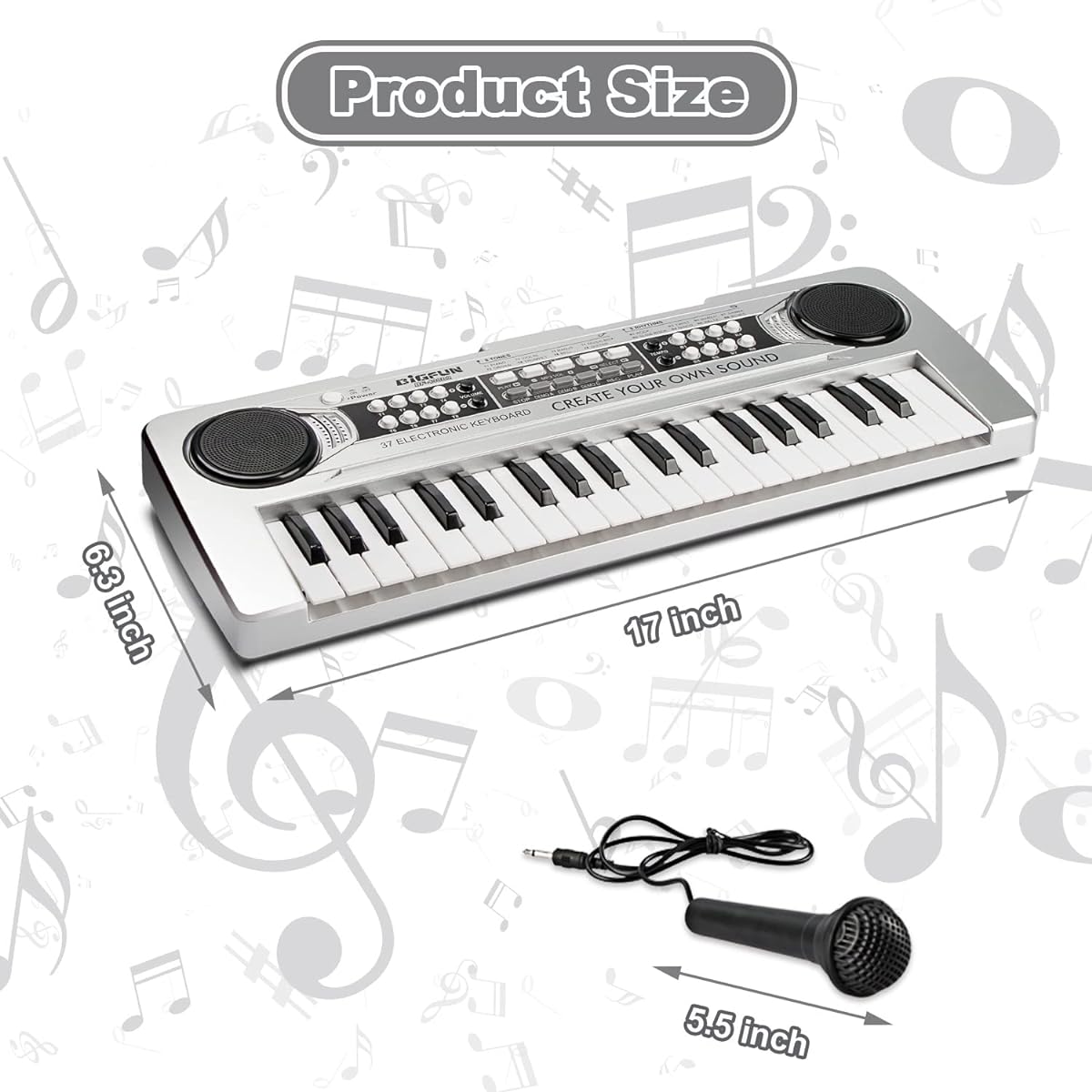 EOOLEOW Kids Piano Keyboard 37 Keys Portable Digital Piano with Microphone Music Keyboard Piano Toy for 3 4 5 6 7 8 9 Year Old Boys and Girls (Silver)