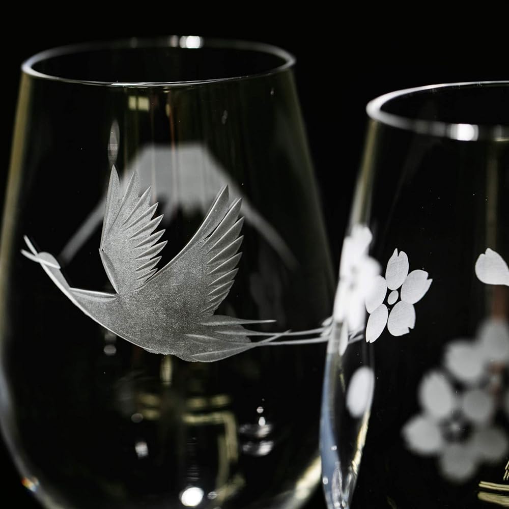 [Taimuro Kobo Official] Edo Kiriko Mt.Fuji with Cranes and Cherry Blossom Wine Glasses Pair (Transparent) TB0080-32/0080-33 Comes in a Presentation Box Made in Japan