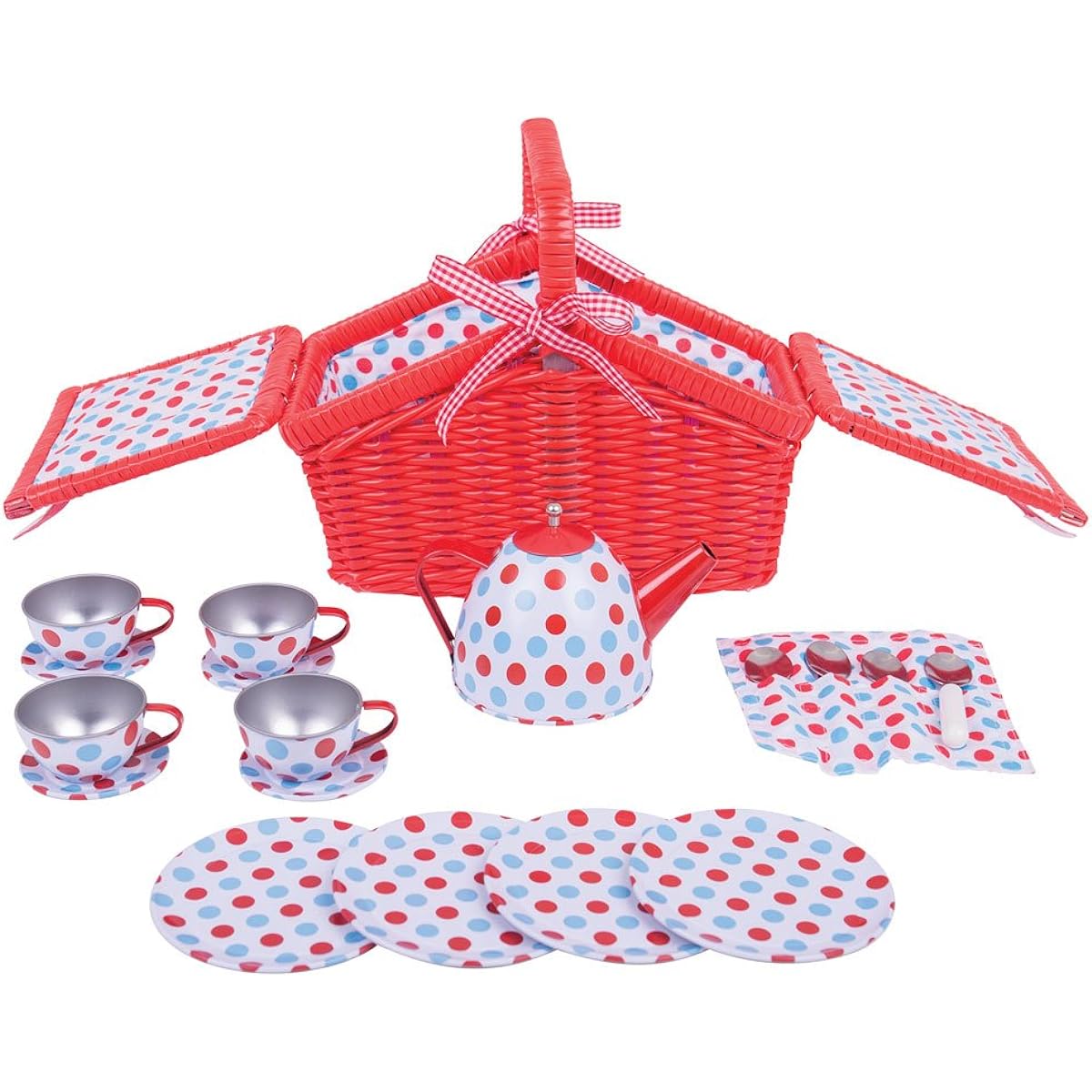 Bigjigs Toys Spotted Tin Tea Set In A Basket