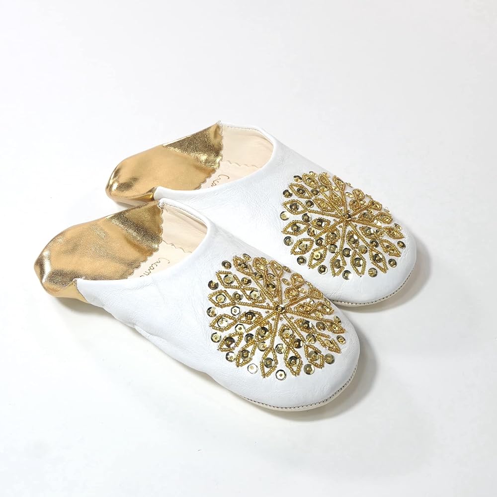 [cocomorocco] Odorless Leather Babouche Slippers Moroccan (Gold Sequins) Room Shoes Coco Morocco Mother's Day Gift