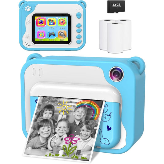 a, printing instant camera, register roll paper print, 2.4 inches, 40 million pixels, 1080p, children's digital camera, 3 volume printing paper, 5 color brush pencils, 32GB, memory card included, gift, Children's Day, Birthday, Christmas, children's gift