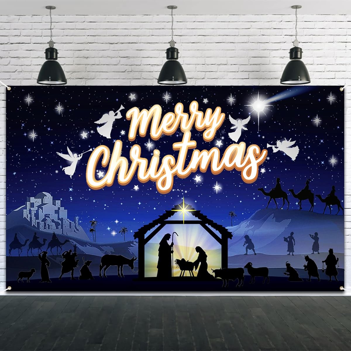 Nativity Banner Merry Christmas Backdrop Large - 71x47inch Nativity Barn Nativity Manger Scene Banner Decoration Blue Holy Nativity Religious Sign Banner for Christmas Party Decoration