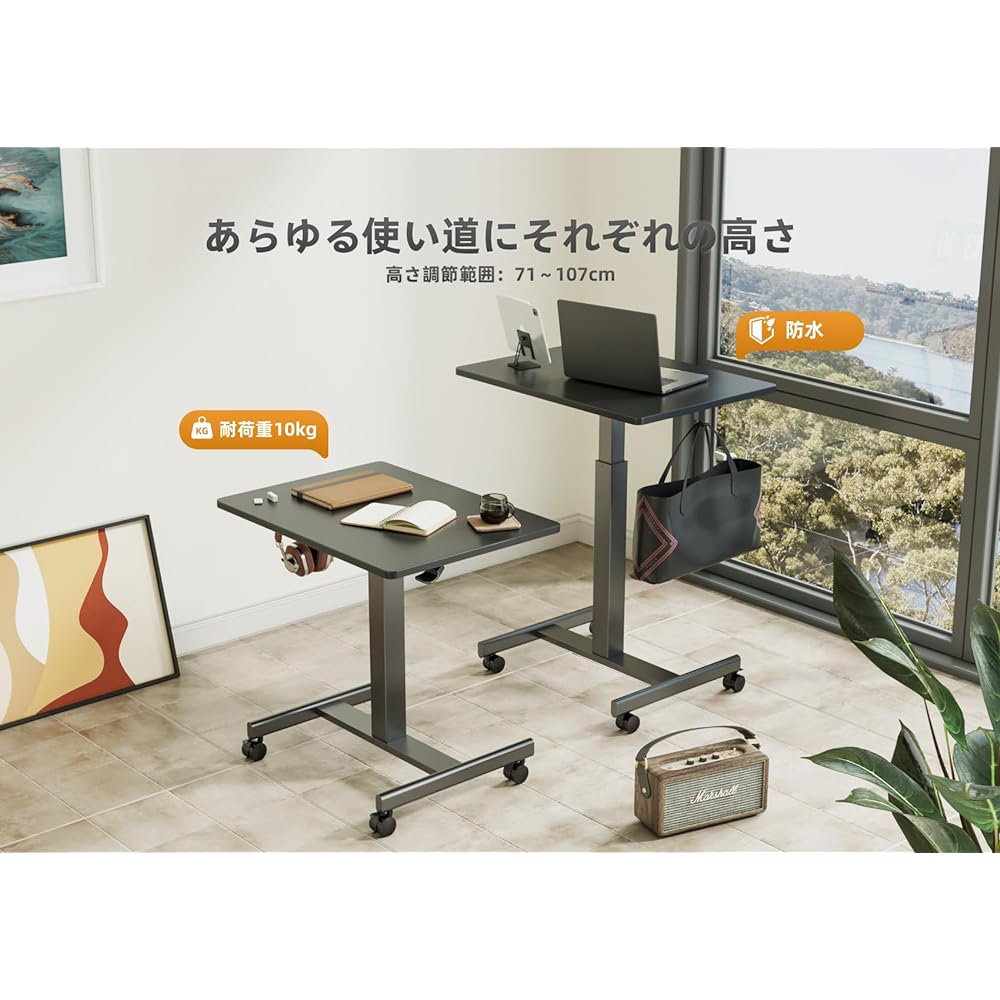 Claiks Height Adjustable Desk, Gas Pressure, Standing Desk, Height Adjustable Table, Width 65cm x Depth 48cm, Telework, Office Desk, Work from Home, Computer Desk, Height Adjustable, Cassette Included, Black Frame/Black Top