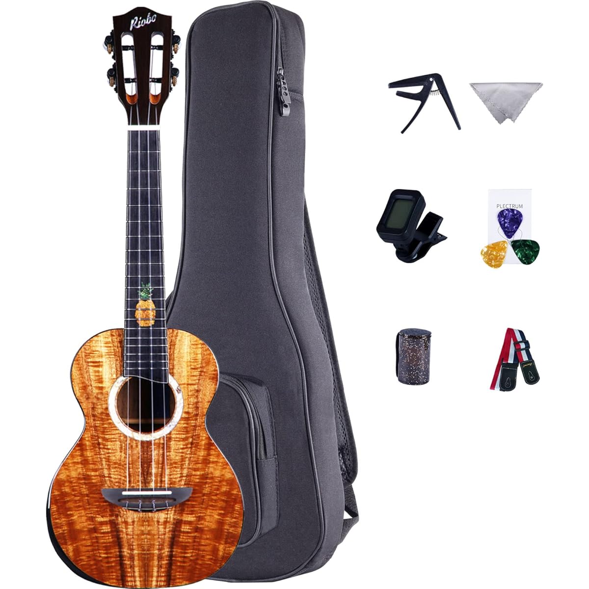 Riobo Ukulele Tenor 26 inch Professional Instrument Tenor Size Hawaii Ukulele Pineapple Solid Wood Hawaii Ukulele High Gloss Accessories: Ukulele Case, Strap, Capo, Tuner, 10mm Thick Backpack (Tenor)