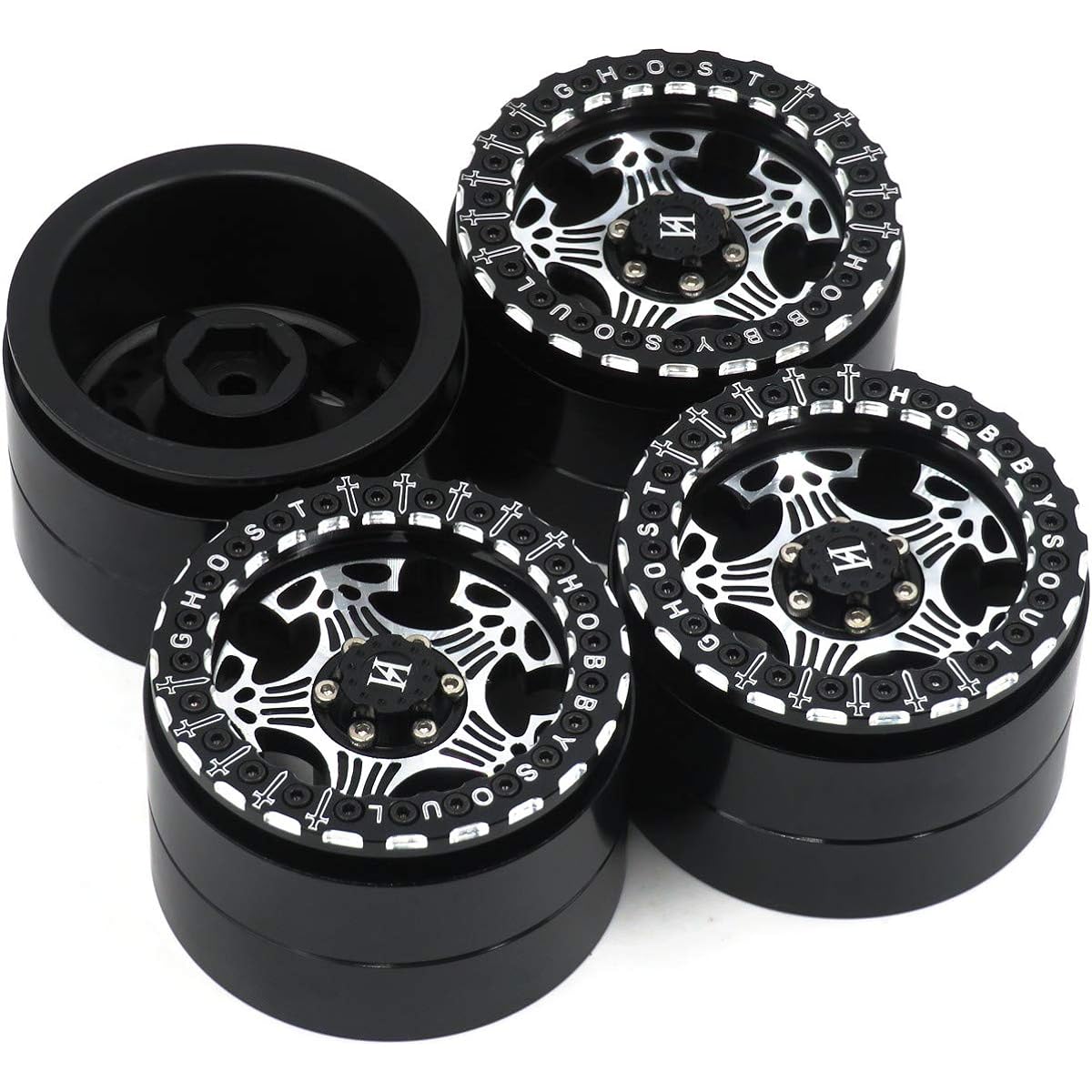 hobbysoul RC Aluminum Ghost 2.2 Beadlock Wheels Wide 40mm 2.2 Rim Black Silver Color for RC 1/10 Mud Crawler Truck Redcat Gen8 Everest Gen 7 Pro / SCX10 Capra Wraith / TRX4 AMG 6x6