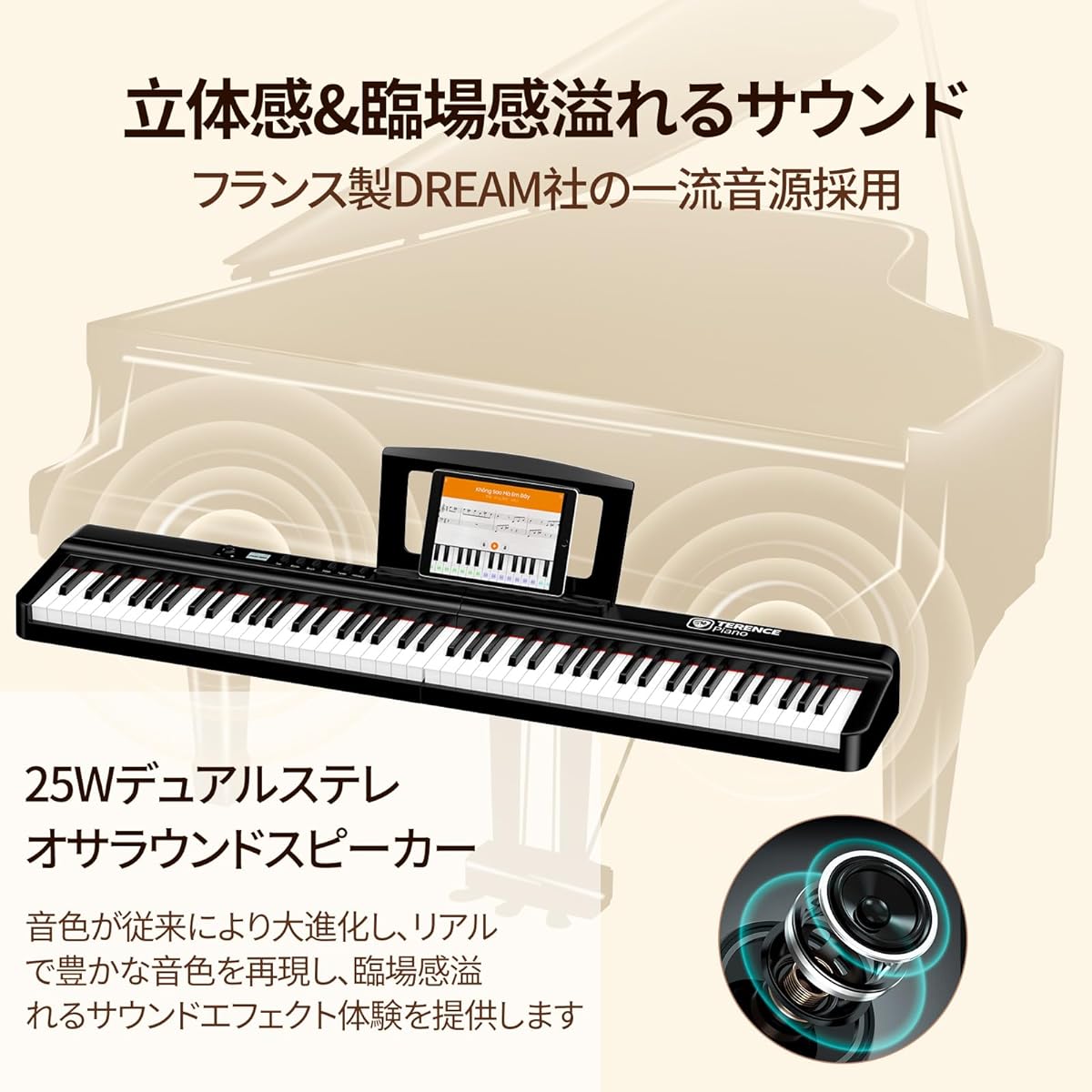 TERENCE Electronic Piano 88 Keyboard Foldable Electronic Organ Touch Response Keyboard MIDI Compatible 25W Dual Speakers Rechargeable Petal Included Perfect for Practice DigitalPiano Compact Portable Japanese Instruction Manual Included X88E Black