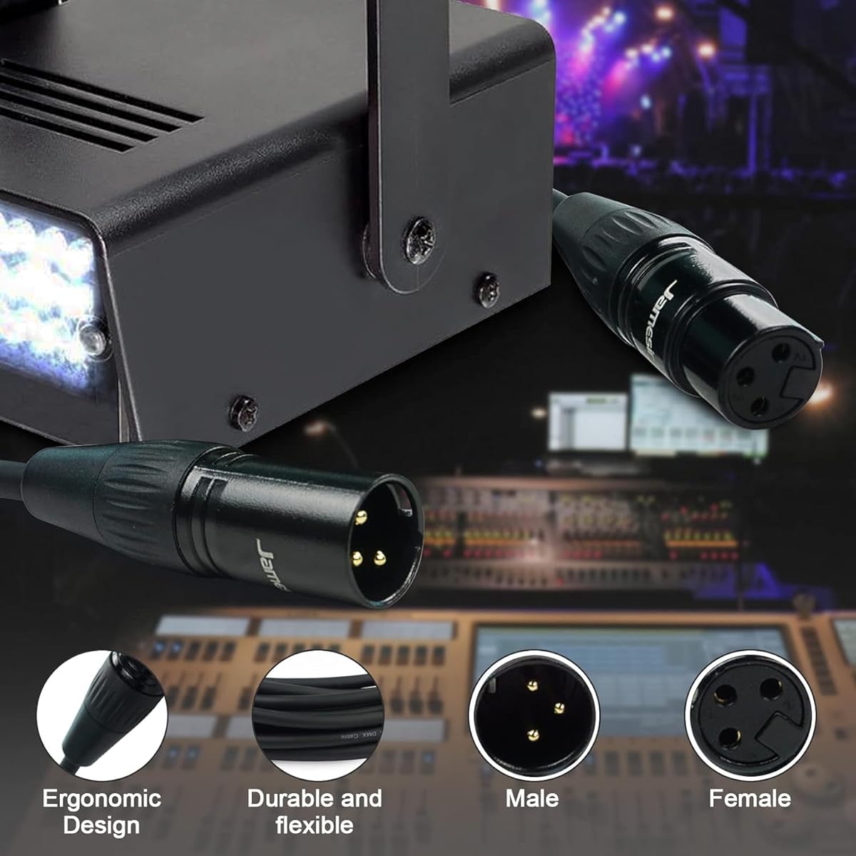 Jamesin DMX Light Cable 10ft XLR Microphone Cable Male to Female 3 Pin Balanced Shielded XLR Cable for DMX Stage Light Microphone Mixing Console Speaker System Stage Lighting (4 Pack)