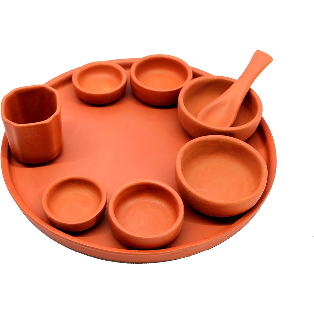 KLEO Clay Terracotta Thali with Bowl, Bhojan Thali | Ceramic Plate Dinner Thali Set (Set of 9)