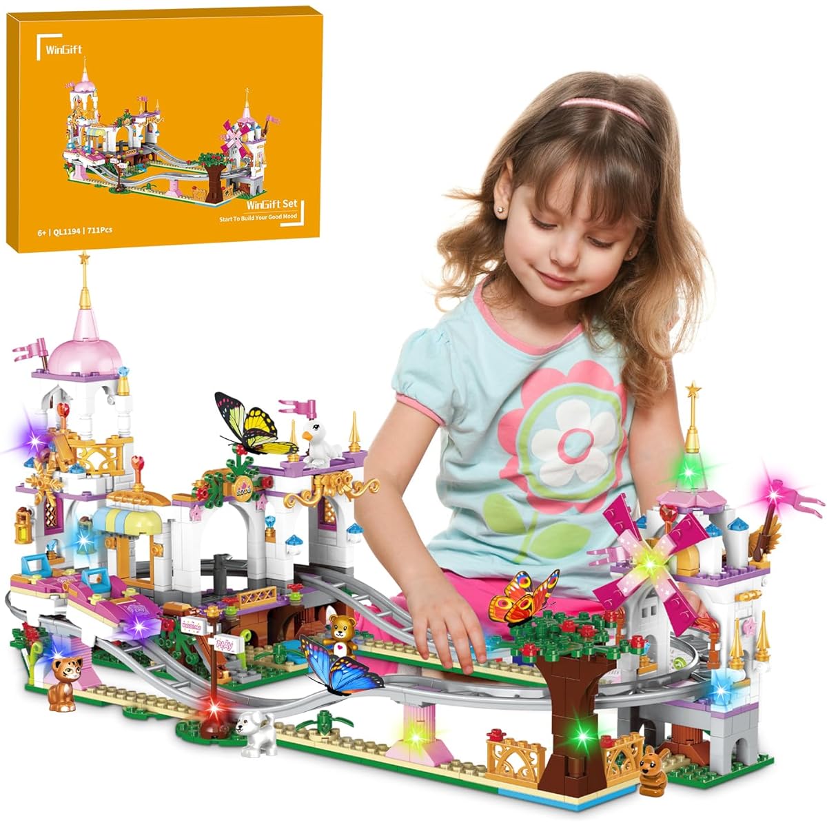 WinGift 711 Pieces Friends Roller Coaster Building Set Girls Creative Amusement Park Building Blocks Kit STEM Princess Castle | Pink Playground Park Model Construction Set for Boys Girls Ages 6 7 8+