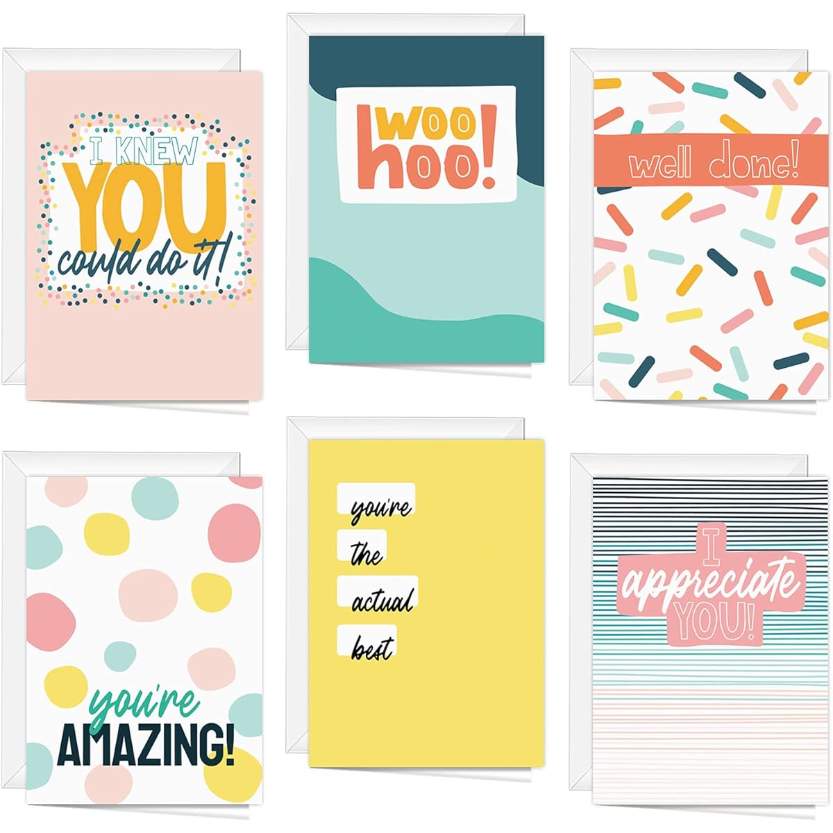 Modern Appreciation Note Cards/Greeting Cards Set of 24 / 3 1/2" x 4 7/8" Blank Cards / 6 Vibrant Motivational Designs