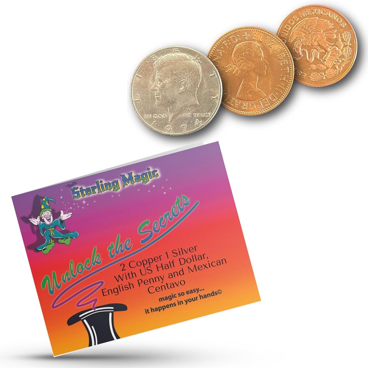 Ted's Sterling Magic 2 Copper 1 Silver Trick US Half Dollar English Penny Mexican Centavo