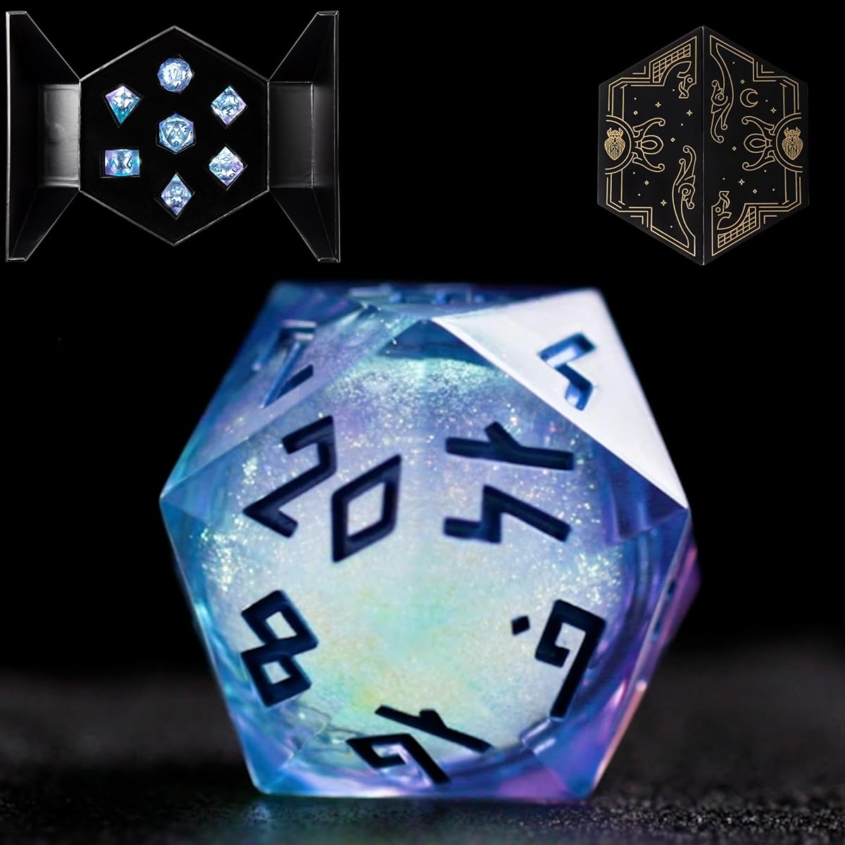 HEIMDALLR Liquid Core Dice with First-Ever LED Display Case - Stunning 7-Piece Hand-Painted DND Dice Set with Gift Dice Box - Resin Dungeons and Dragons Dice Set (D&D Dice Set) with 7 Polyhedral Dice