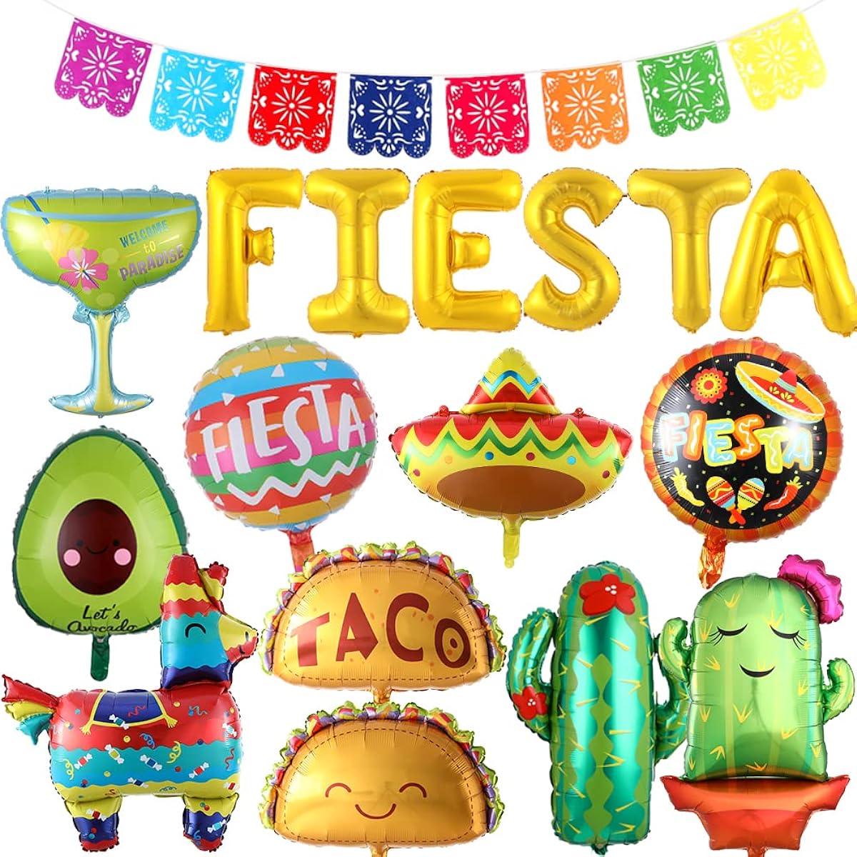 Fiesta Balloons for Fiesta Party Decorations, 17pcs Cinco De Mayo Balloons Taco Cactus Llama Avocado Balloons Mexican Party Papel Picado Banner Fiesta Taco Luau Party Decorations (Foil Balloons)