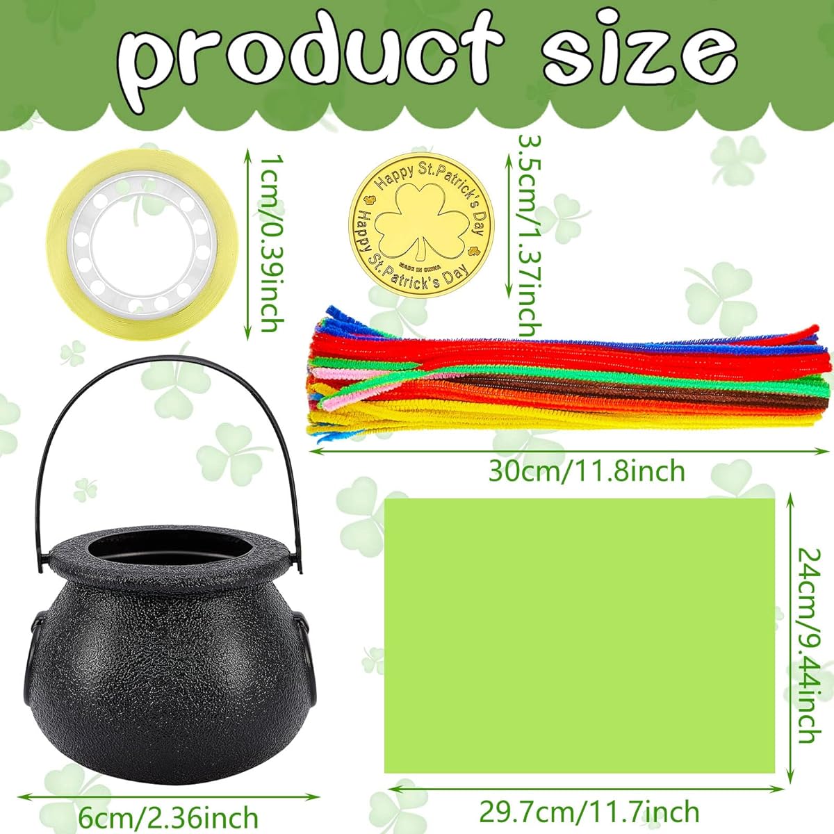 St. Patrick's Day 324 Pieces, 20 Green Papers, 100 St. Patrick's Gold Coins, 200 Plush Metal Strips, 2 Plastic Cauldrons, 2 Tapes, Kids Party Supplies
