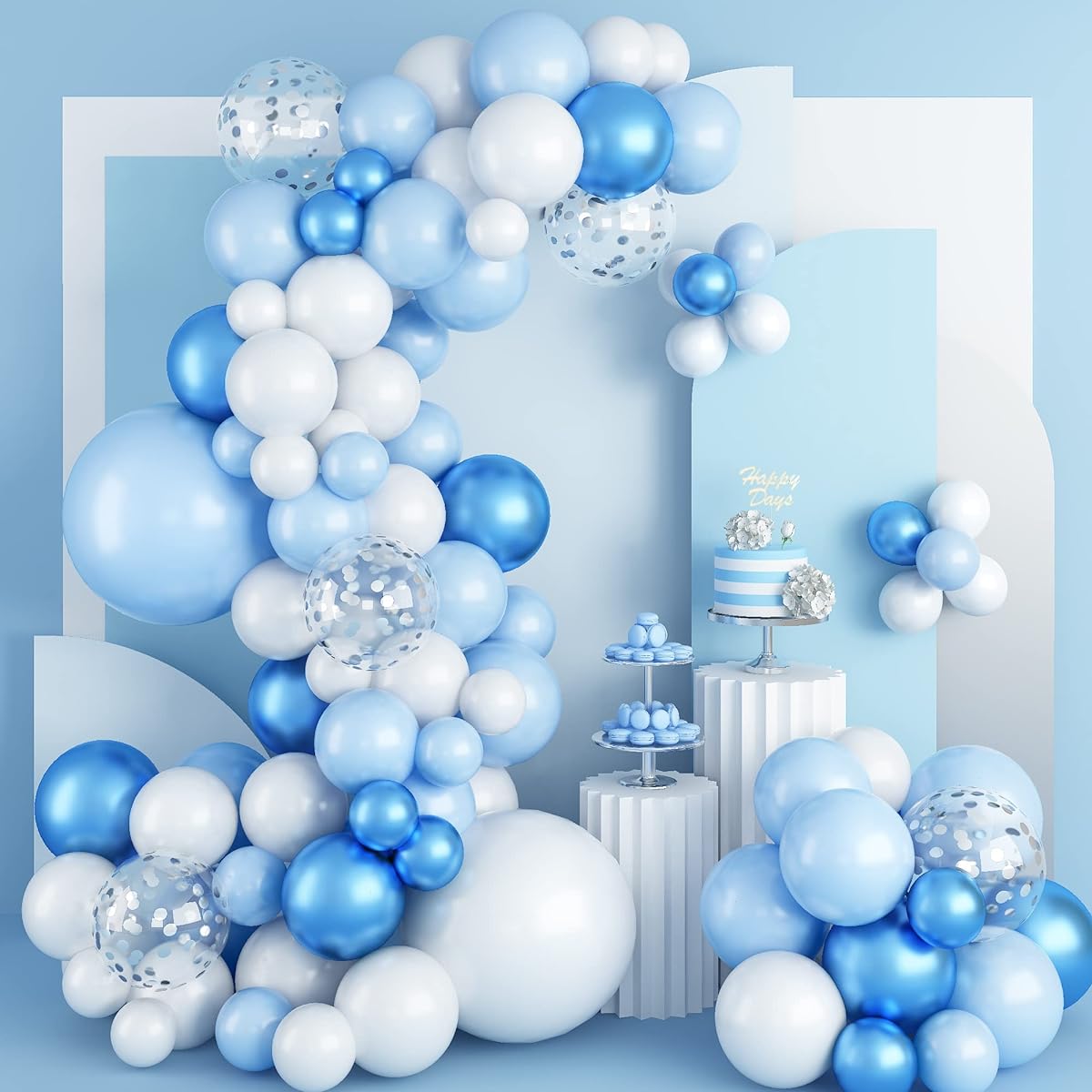 Blue Balloon Garland Arch Kit, 95pcs Baby Blue and White Balloon Garland Kit with Metallic Blue Balloons, Silver Confetti Balloons, Macaron Light Blue Balloons for Baby Shower, Birthday, Wedding Decorations