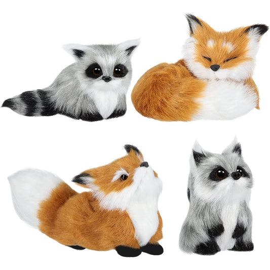 4pcs Mini Simulation Fur Toys Vivid Cute Animal Model Raccoon Crouching Sleeping Plush Toy Small Christmas Animal Decoration with Static Action Figures for Home Office Desktop Bag Decoration