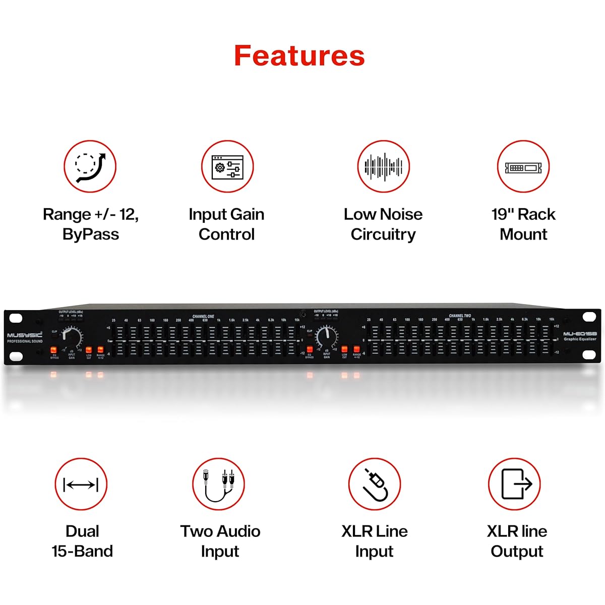 MUSYSIC MU-EQ15B Professional Dual 15 Band Stereo Graphic Digital Equalizer