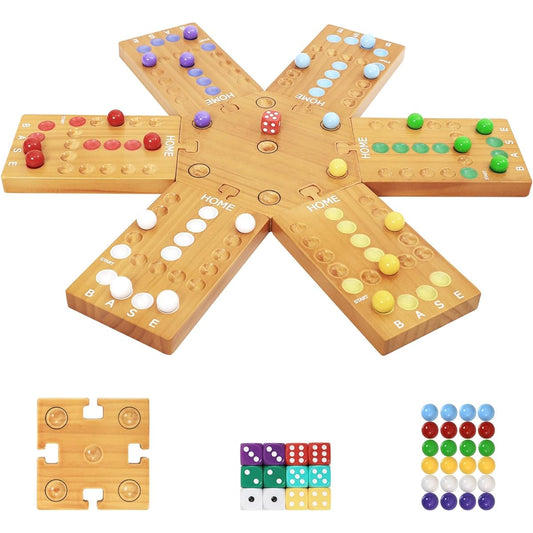 Plusvivo Marble Board Game, Wooden Board Game for 4 and 6 Players, Portable Original Marble Game with 24 Marbles and 12 Dice, Family Friends Party Game for Night Out