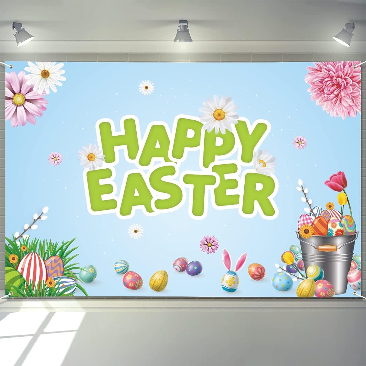 Arosche Easter Decoration Banner 72" x 48" Backdrop Happy Easter Eggs Flowers Photography Spring Summer Seasonal Holiday Background Indoor Outdoor Yard Garden Party Home Decoration