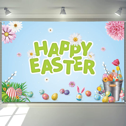 Arosche Easter Decoration Banner 72" x 48" Backdrop Happy Easter Eggs Flowers Photography Spring Summer Seasonal Holiday Background Indoor Outdoor Yard Garden Party Home Decoration