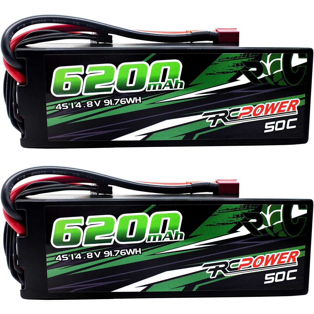 RCPOWER 14.8V 6200mAh 4S Lipo Battery 50C Hard Case Lipo Battery with T Plug for RC Vehicles RC Cars RC Trucks RC Boats (2 Pack)