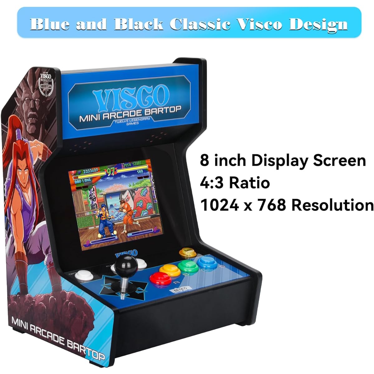 UNICO VISCO Mini Arcade Game Console with Extra Gamepad, Retro Arcade Machine, 12 Genuine Licensed Retro Games, 8" Display Screen, HDMI Output