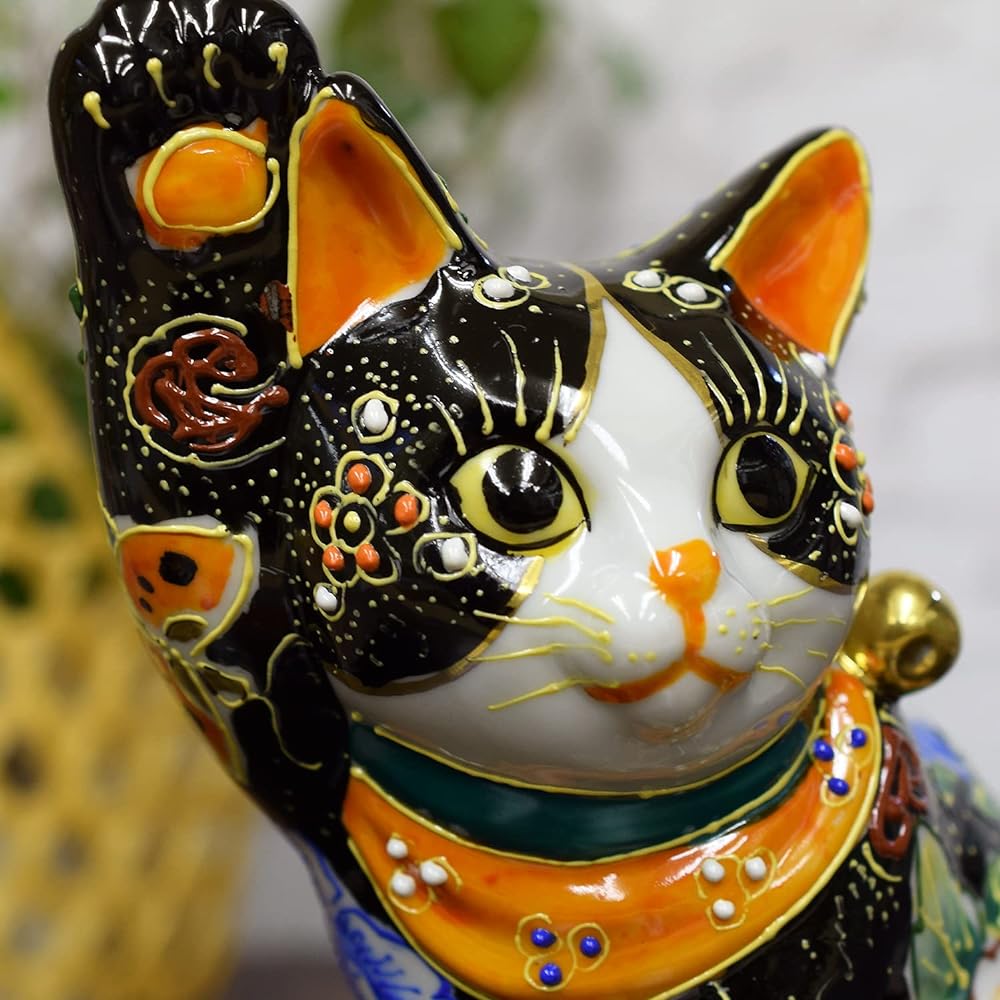 Lucky Cat Ornament, Kutani Ware, Right Hand, Side Sitting Lucky Cat, Black Flowers and Butterflies, Feng Shui, Good Luck, Interior, Japanese Style, Accessories