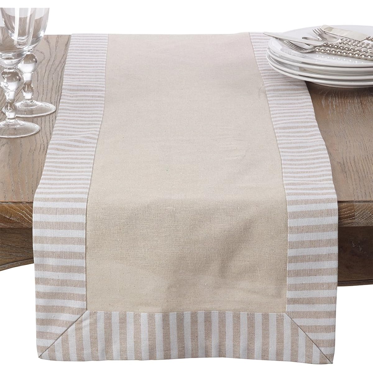 Fennco Style Stripe Pattern Border Linen Cotton Table Runner 16"x72" Table Runner, Beige