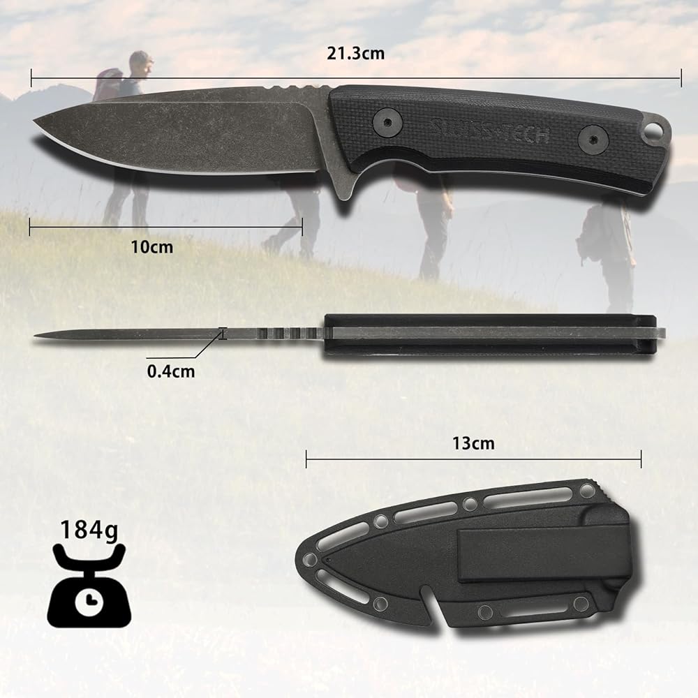 SWISS+TECH Sheath Knife, Full Tang Structure, G10 Handle, Total Length 23cm, D2 Die Steel Blade, Wood Chopping, Fishing, Climbing, Camping, Survival, Outdoor Knife [Case Included]
