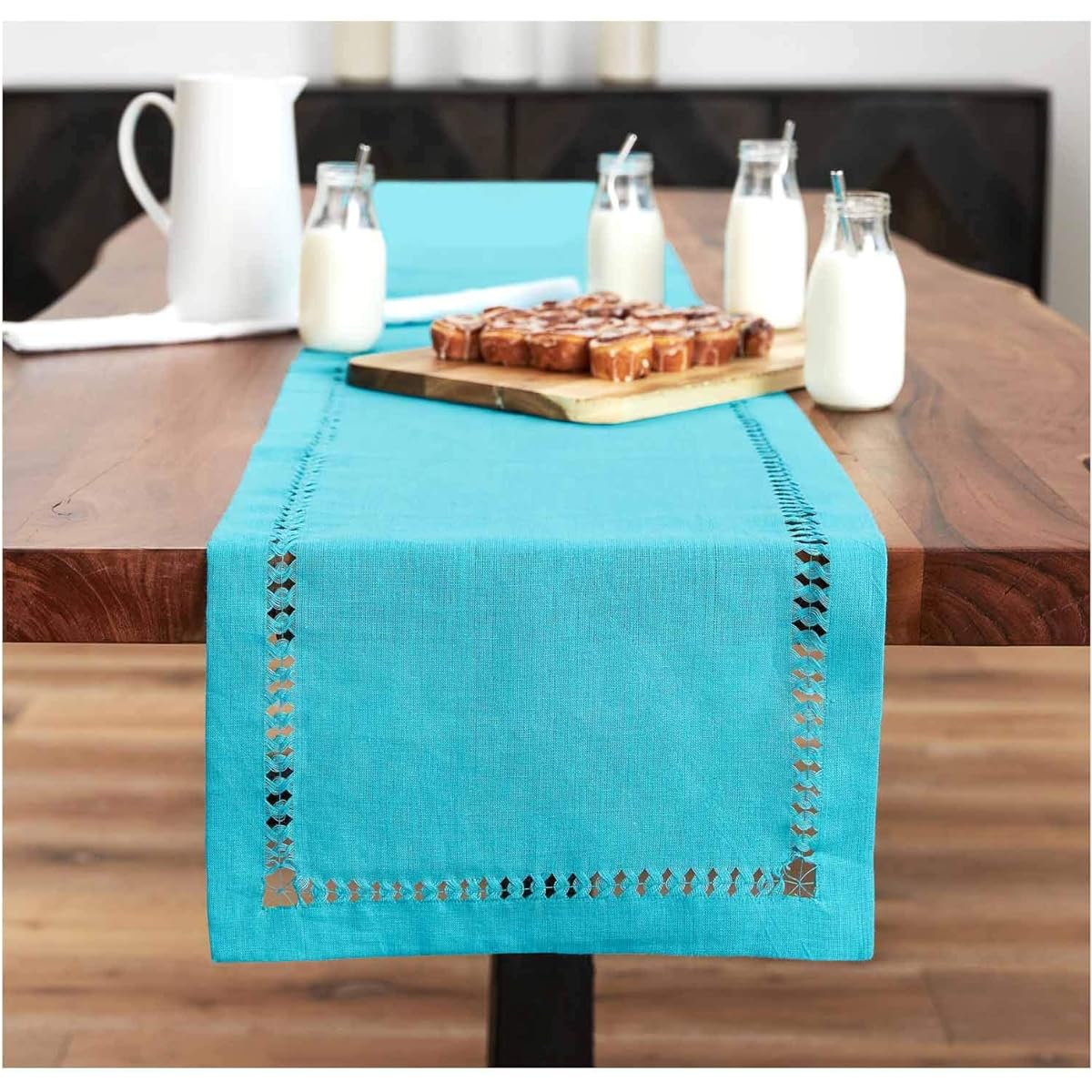 PROVIMO HOME Table Runner 100% Linen - Teal - 14 x 108 Inch Handmade Hemstitch Design Handcrafted from European Flax Perfect for Kitchen or Dining Table