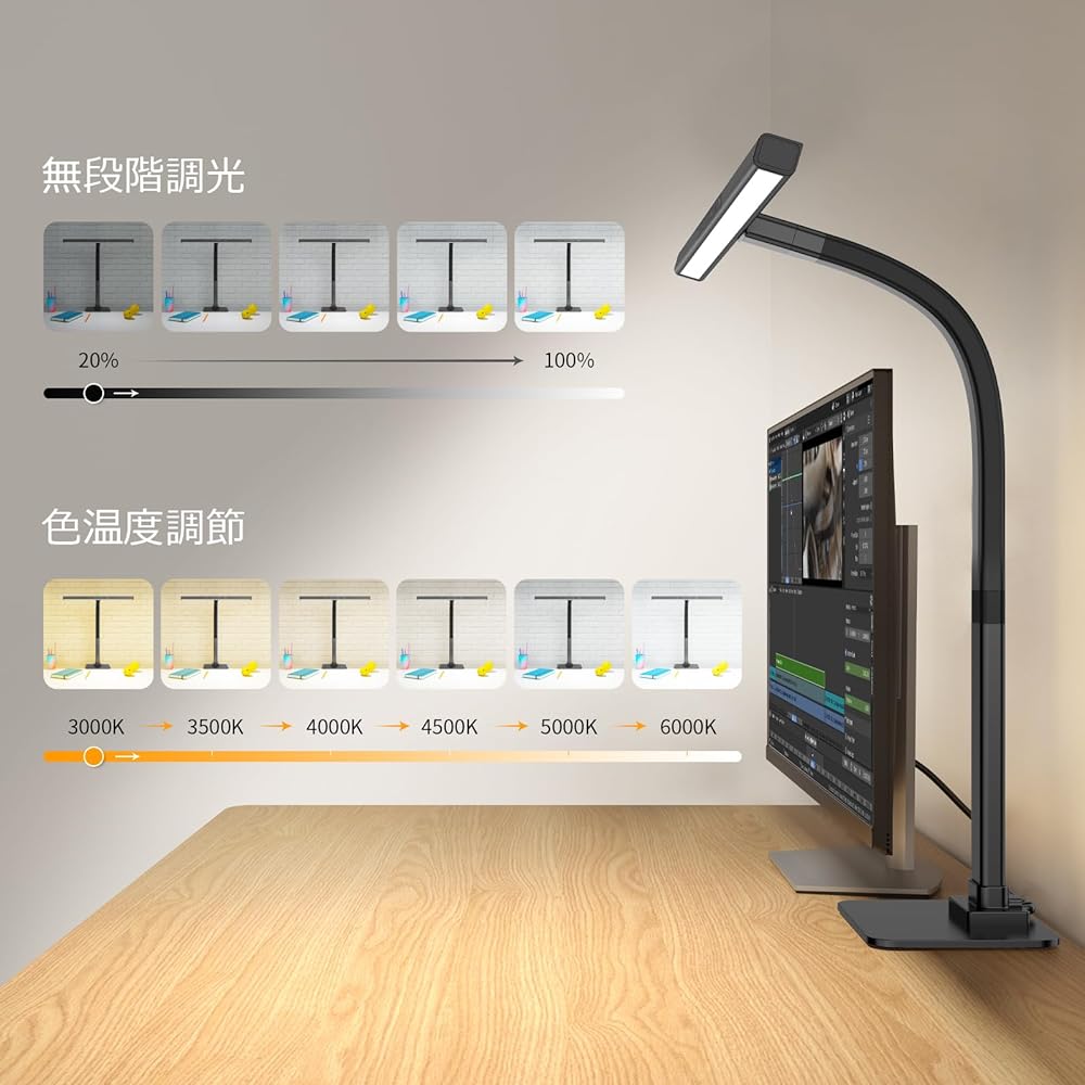 EppieBasic desk light, LED desk lamp, eye-friendly stand light, tabletop light, color adjustment, stepless dimming, touch sensor, flat light emitting 12W, energy saving, table stand, memory function, desk light with automatic dimming, learning, reading,