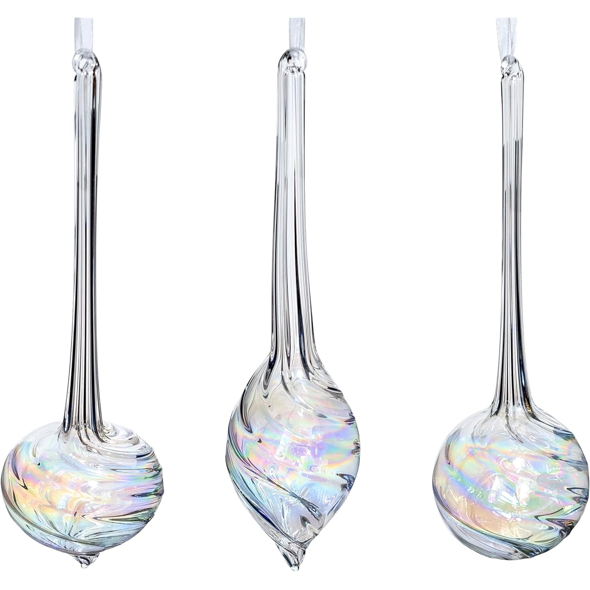 Red Co. 9.25" Decorative Glass Hanging Christmas Tree Ornaments, Set of 3, Iridescent Clear Olive, Ball & Onion