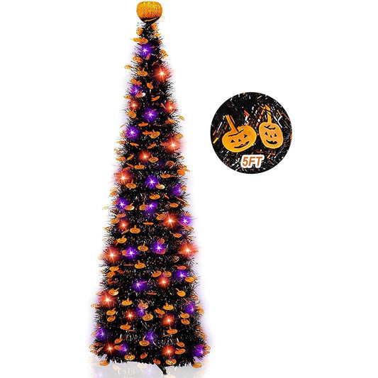 TURNMEON 5ft Black Tinsel Halloween Tree with 50 LEDs, Purple String Lights, Timer, Pumpkin Ornaments, Top Pop Up Artificial Pencil Tree, Halloween Scary Decorations for Home Fireplace Party Indoor Outdoor