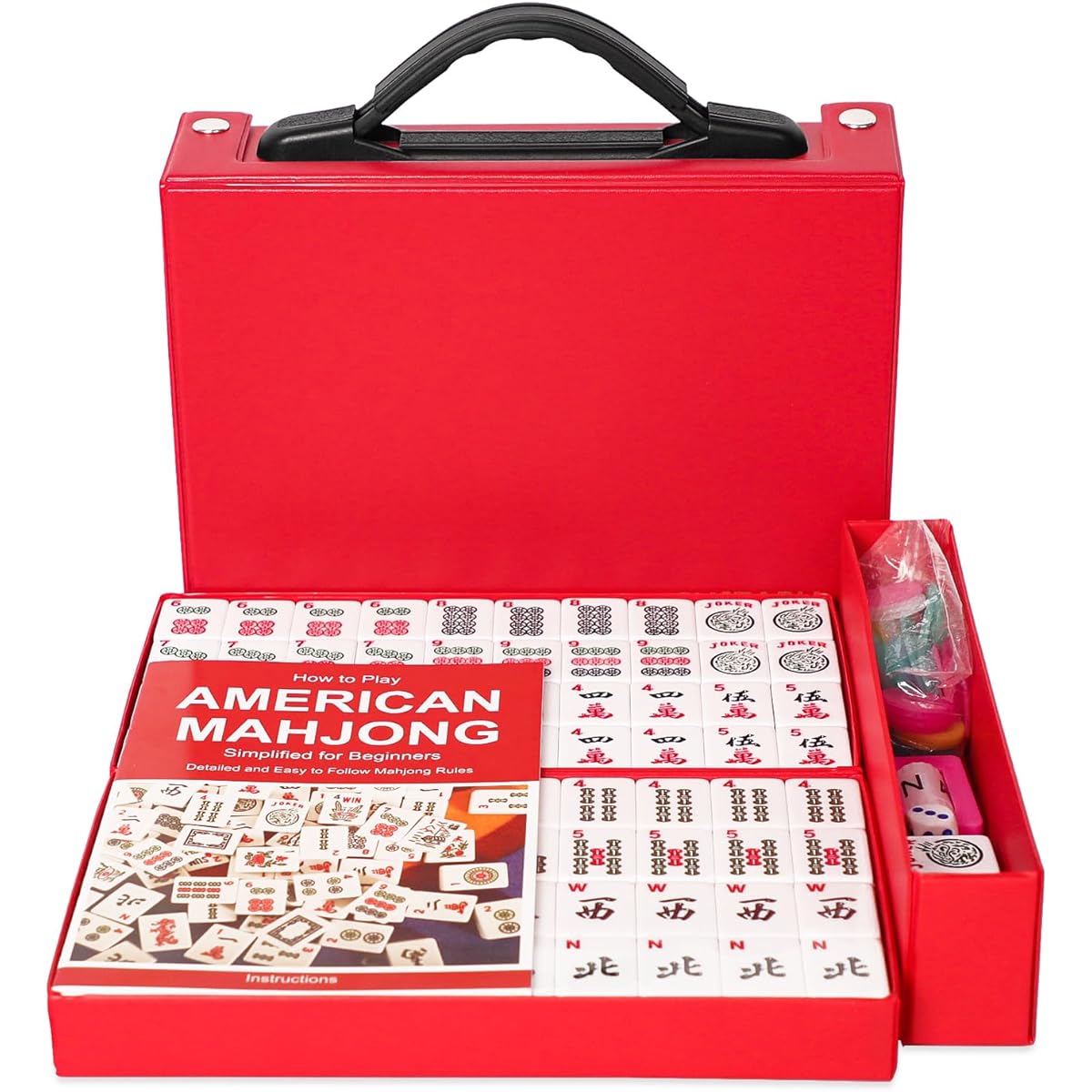 American Mahjong Set, Mahjong Game Set, 166 Premium White Tiles (1.2 Inch), 100 Chips, 1 Wind Indicator, Durable Red Case, Portable Western Mahjong, English Instructions Included (Mahjong, Mahjong, Sho)