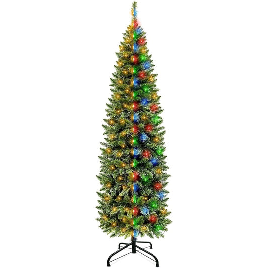 TURNMEON 6.5ft Artificial Pencil Christmas Tree Decoration 826 Thick Branch Tips Hinged Slim Christmas Tree with Metal Stand for Indoor Outdoor Christmas Home Decoration (Spruce Green)