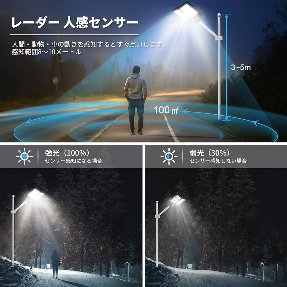 A-ZONE Solar Street Light, 600 W, Sensor Light, Outdoor, Waterproof, 4 Lighting Modes, Adjustable Brightness, LED Sensor Light, Outdoor Lighting, Automatic Lighting at Night, No Wiring Work, Energy
