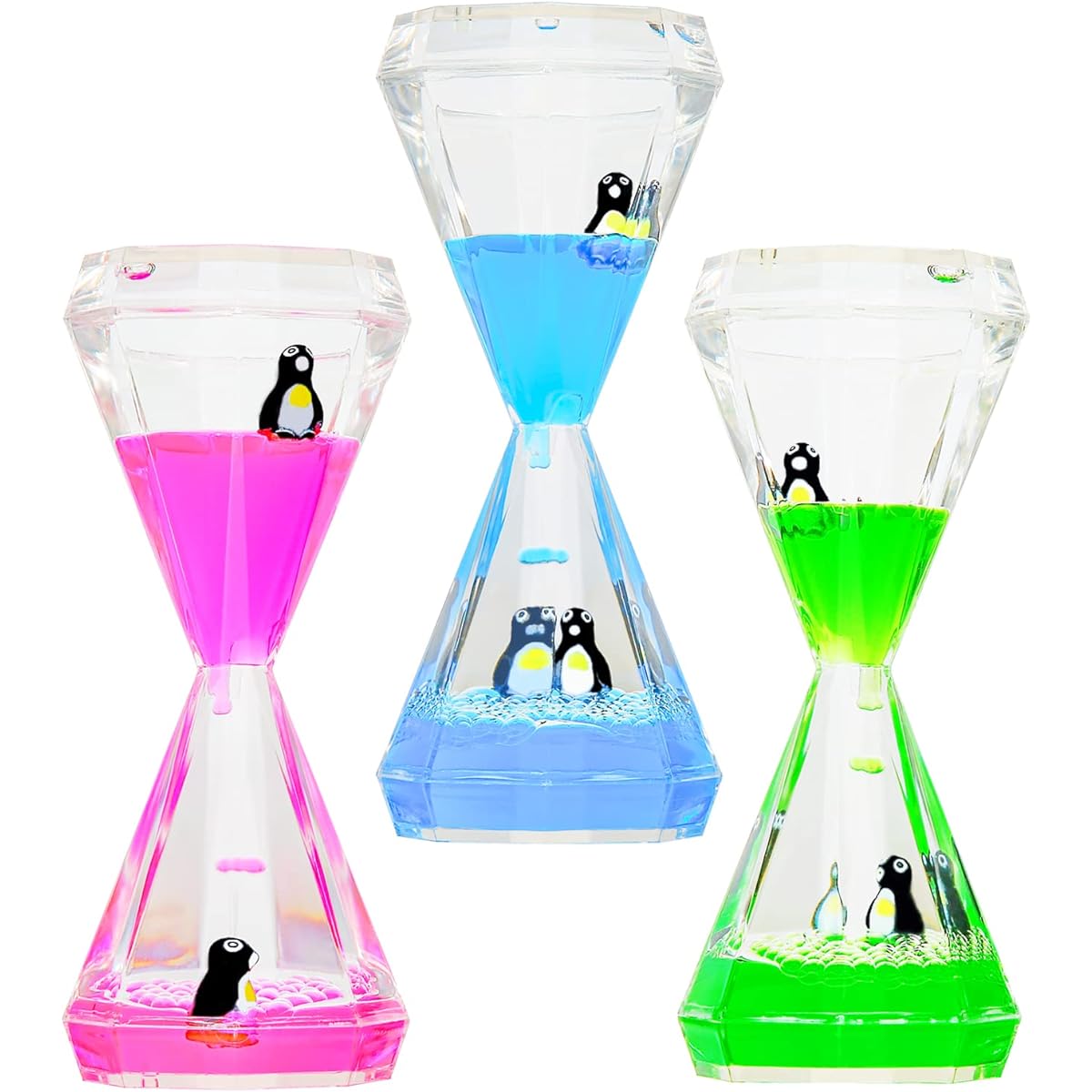 CAILINK 3 Pack Liquid Motion Bubbler Diamond Shape Penguin Liquid Timer Sensory Regeneration Fidget Toy Stress Management for Kids and Adults Colorful Calming Relaxing Hourglass