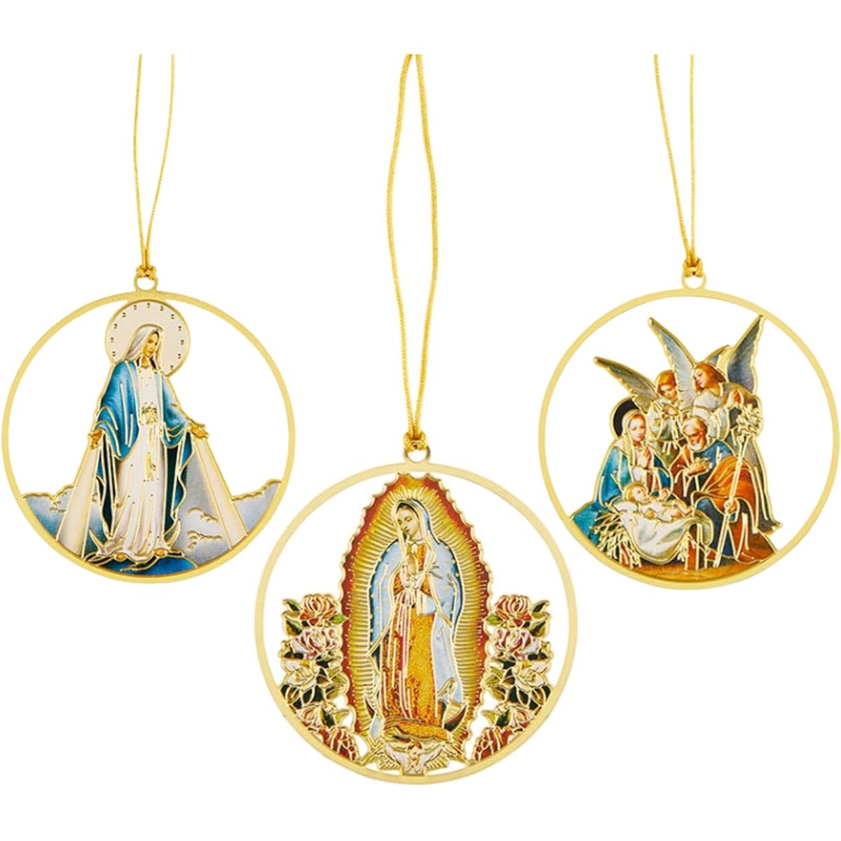 Religious Christmas Ornaments Hanging Round Cutout Catholic Brass Decorations for Wood, Wreath, Wall, Stocking Stuffers for Teen Boys or Girls, Set of 3