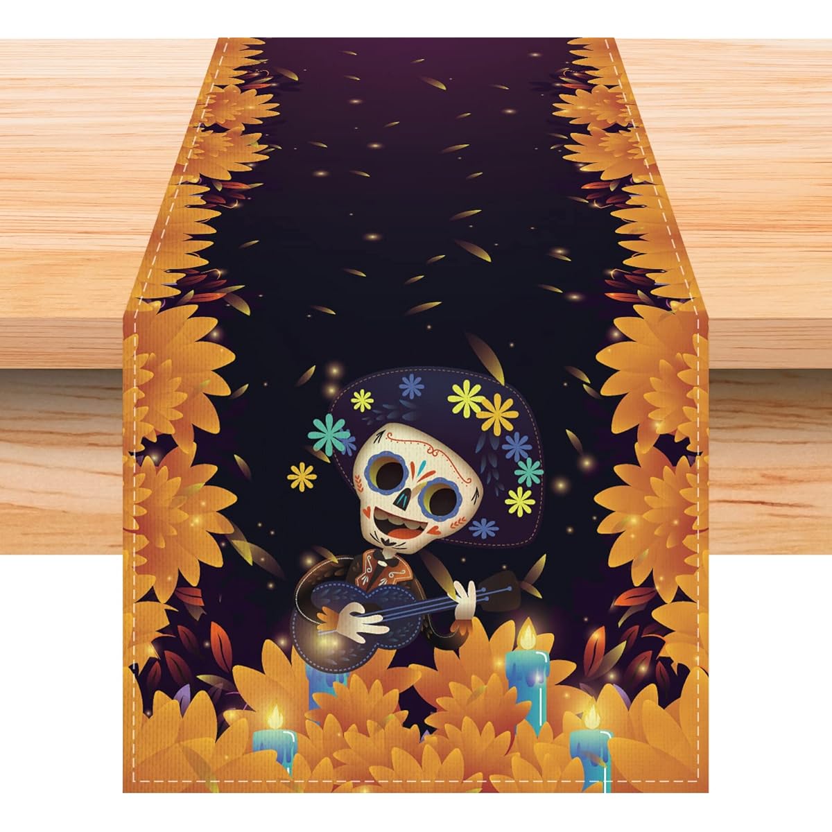 Jiudungs Linen 13x72 Inch Day of The Dead Table Runner Dia De Los Muertos Sugar Skull Marigold Table Decor Mexican Theme Party Decorations for Home