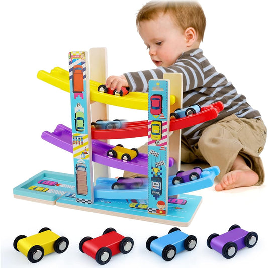 LXL1115b324Montessori Toys for Toddlers, Children Race Track Toy with 4 Cars and 1 Wooden Parking Lot, Stable Base, Car Ramp Toy for 2 3 Year Old Boy Girl Gifts