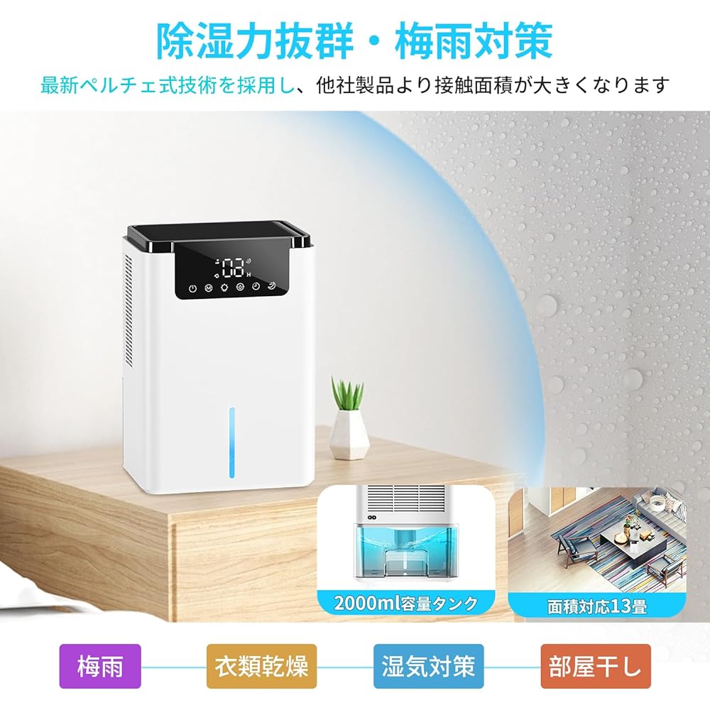 Dehumidifier, Large Capacity, 2,000 ML Dehumidifier, Tabletop [2023 New Edition Peltier Type, Strong Dehumidifier], Rainy Season and Moisture Protection, Supports 13 sq ft (13 sq m), Automatic Water