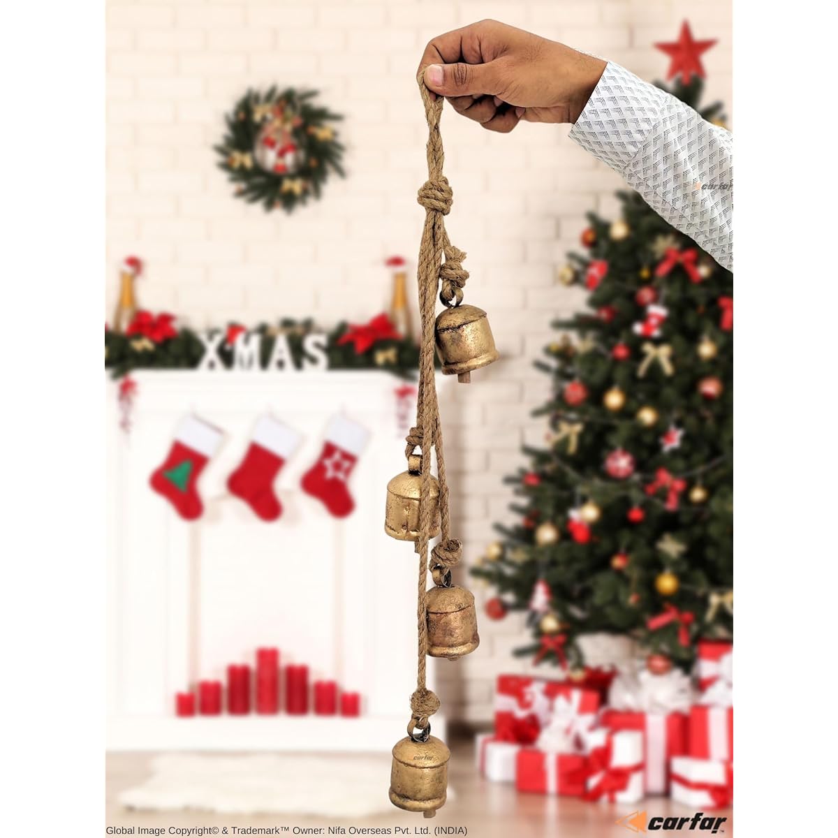 Carfar Rustic Style Bell Cluster Handmade Metal Harmony Christmas Cowbell Hanging on Jute Rope