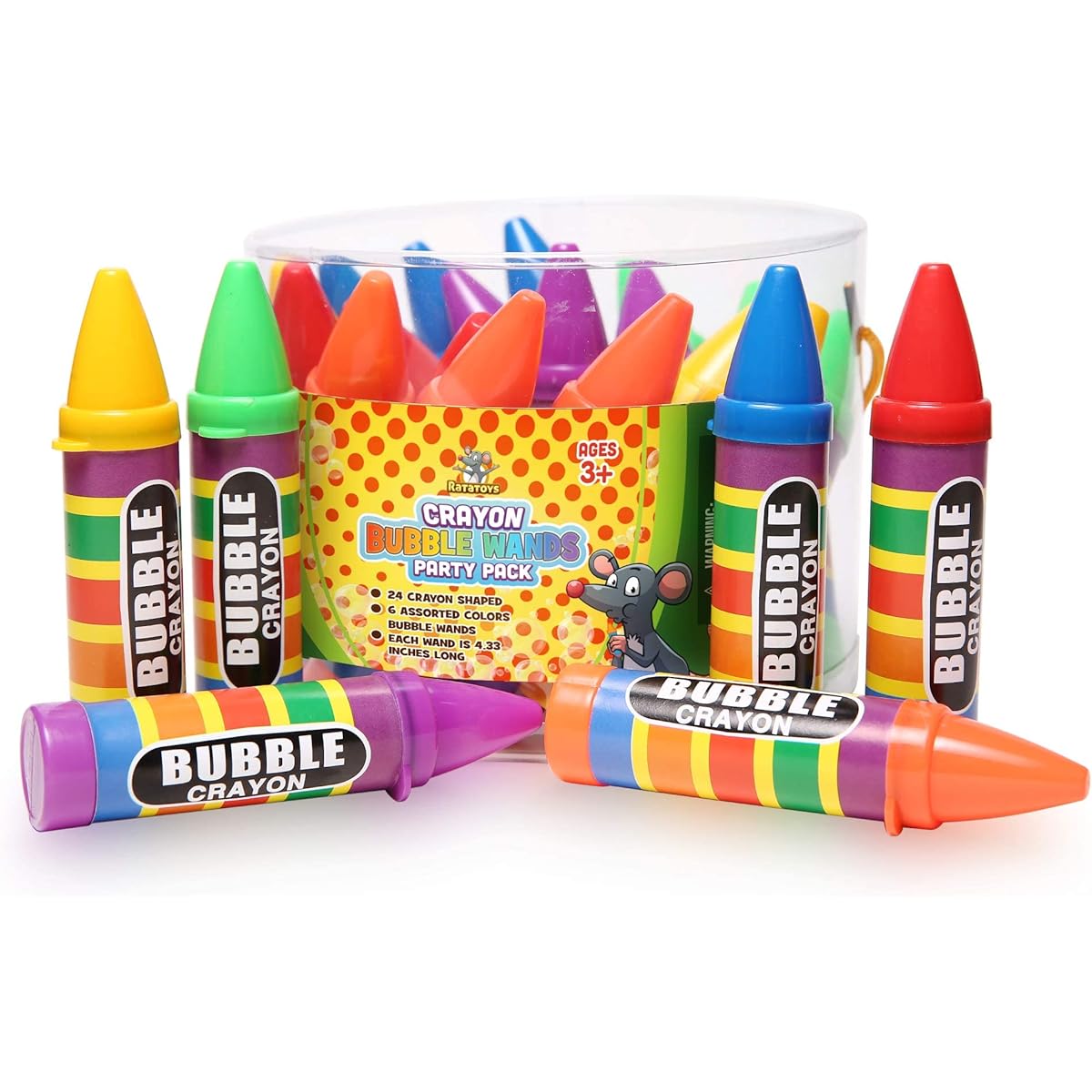 Crayon Bubble Wands for Kids Party Pack - 24 Pieces, 6 Colors, Long Dip Sticks and Non-Toxic Solution, Big Bubble Blowing Fun, Birthday Party Favors