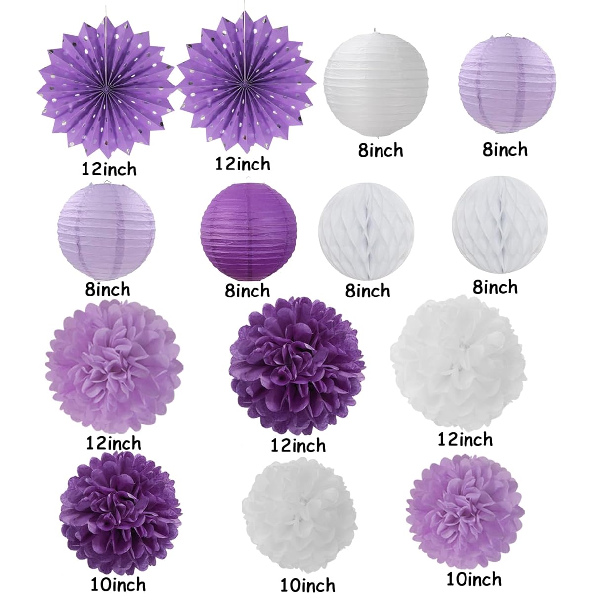 Purple White Lavender Party Decoration Streamers - 14pcs Women Girls Birthday Paper Lantern Fans Tissue Pom Poms for Baby Bridal Shower Wedding Engagement Bachelorette Graduation Decoration Surprise