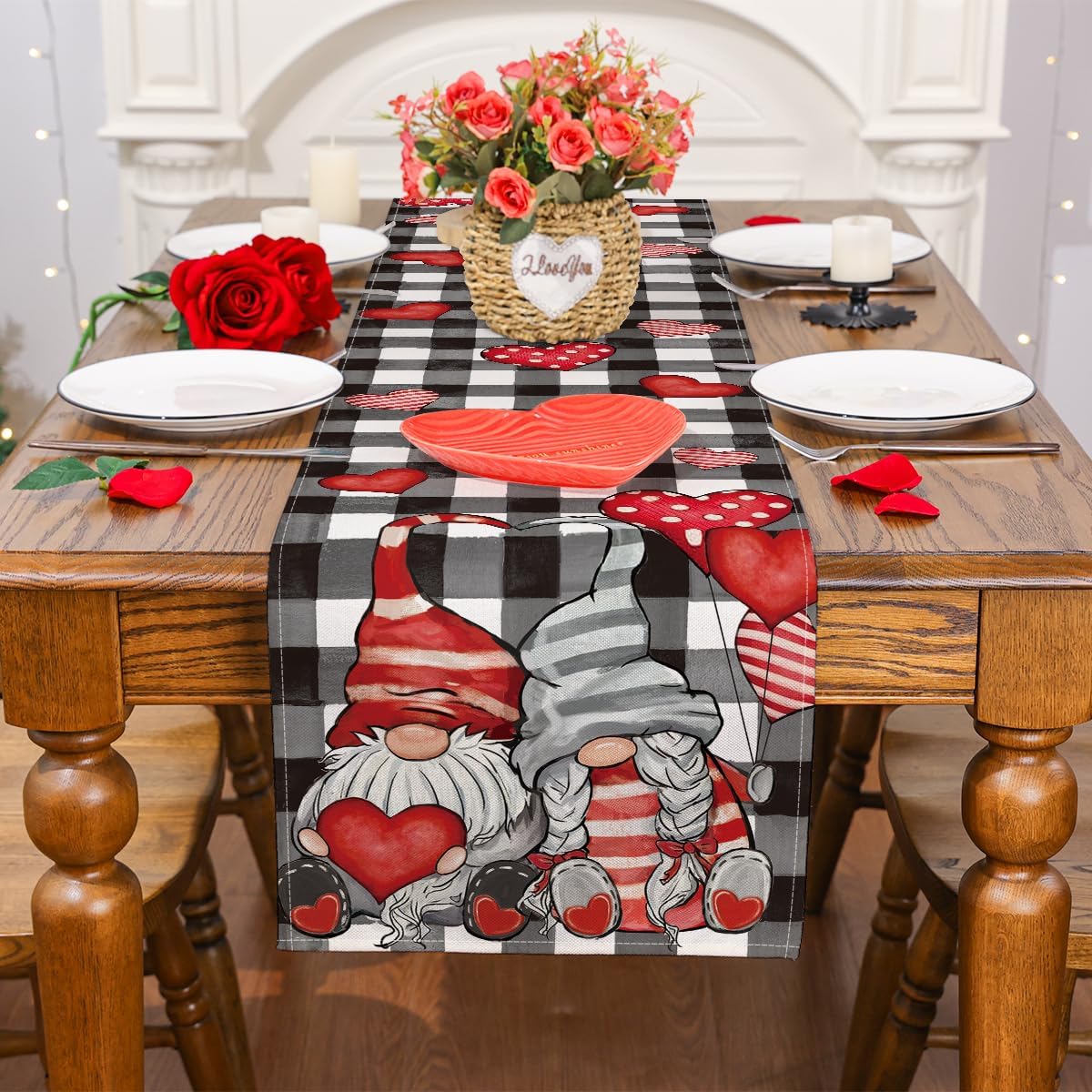 Siilues Valentine Table Runner, Sweet Valentine's Day Decorations, Funny Gnome Valentine Table Runner for Table Seasonal Spring Holiday Decor Indoor Outdoor Dining Table Decorations (13" x 60")